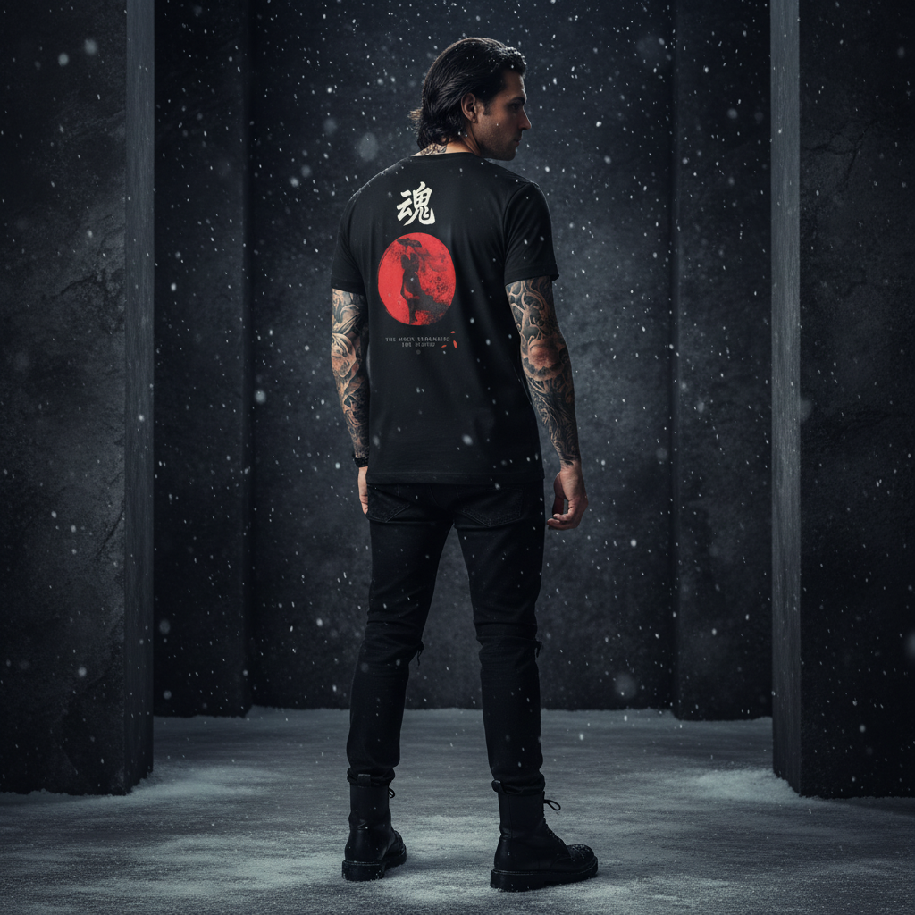 Camiseta Samurai Mujer – Luna Roja & Estilo Japonés Oscuro