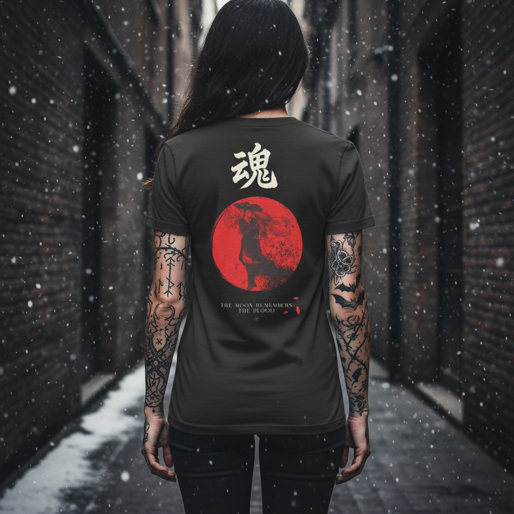 Camiseta Samurai Mujer – Luna Roja & Estilo Japonés Oscuro