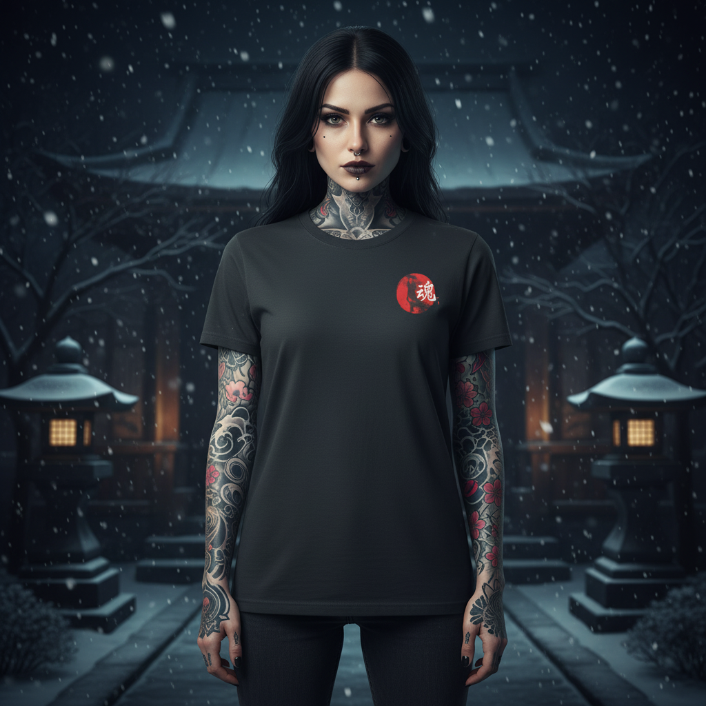 Camiseta Samurai Mujer – Luna Roja & Estilo Japonés Oscuro